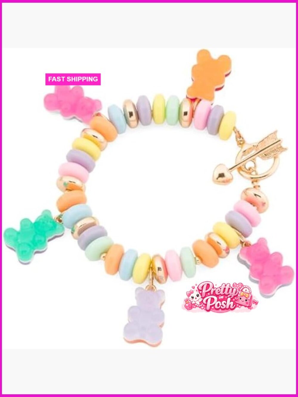 Gold Plated Gummy Bear Charm Flex Bracelet, Toggle Closure, 8.5in